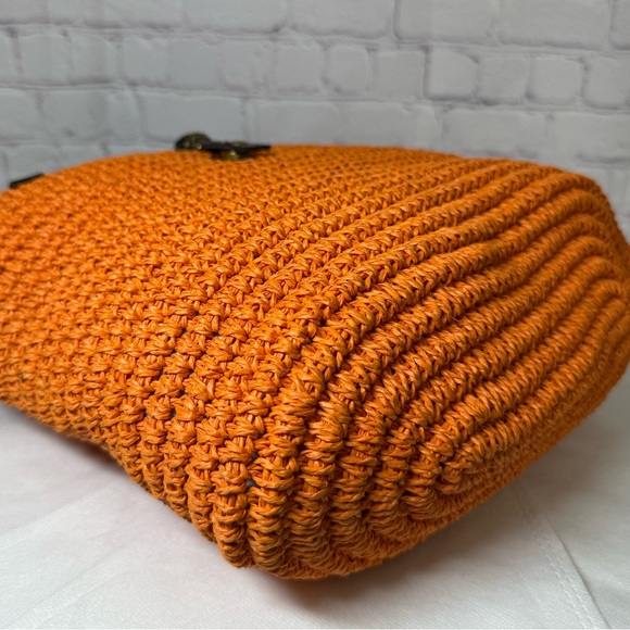 KURT GEIGER Hampton Raffia and Leather Shoulder Tote Bag Orange Brass Eagle Head - Picture 11 of 16